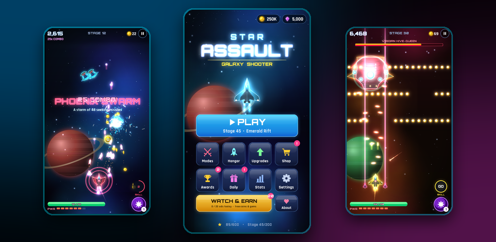 Star Assault screenshots: a Phoenix Swarm missile skill, the title screen, and a boss fight against the Viridian Hive-Queen