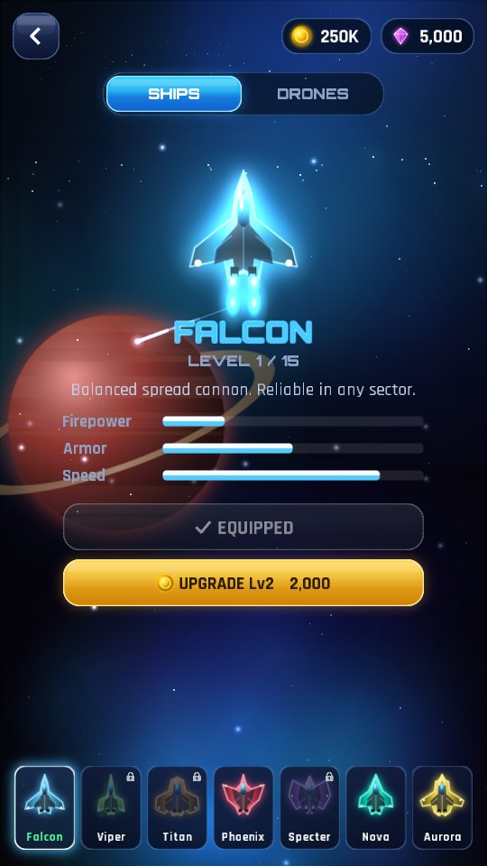 Hangar showing the Falcon and six other ships